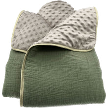 Charger l'image dans la galerie, Couverture bébé personnalisée double gaze Kaki biais doré