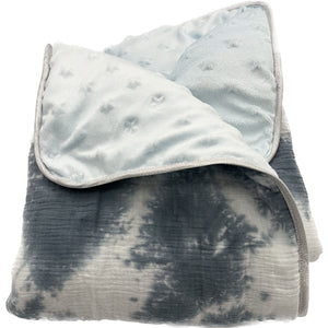 Couverture bébé personnalisée double gaze Tye and dye bleu biais argent