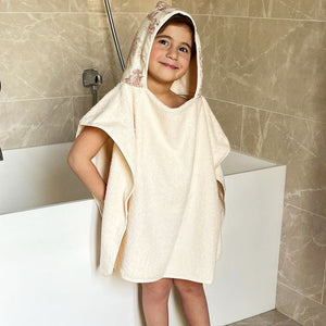 Poncho de bain enfant personnalisé Toile de jouy rouge éponge crème