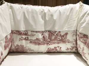 Tour de lit bébé Toile de jouy rouge percale de coton crème